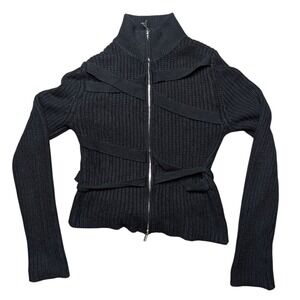 Maniere De Voir Medium Black Zip Up Knit Cardigan Mock Neck Strappy Sweater Goth
